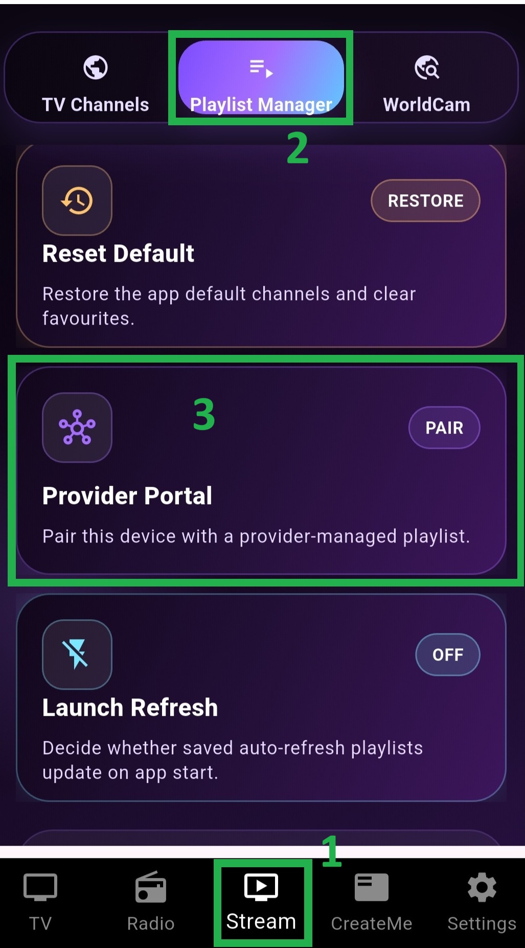 Settings screen with Provider portal button