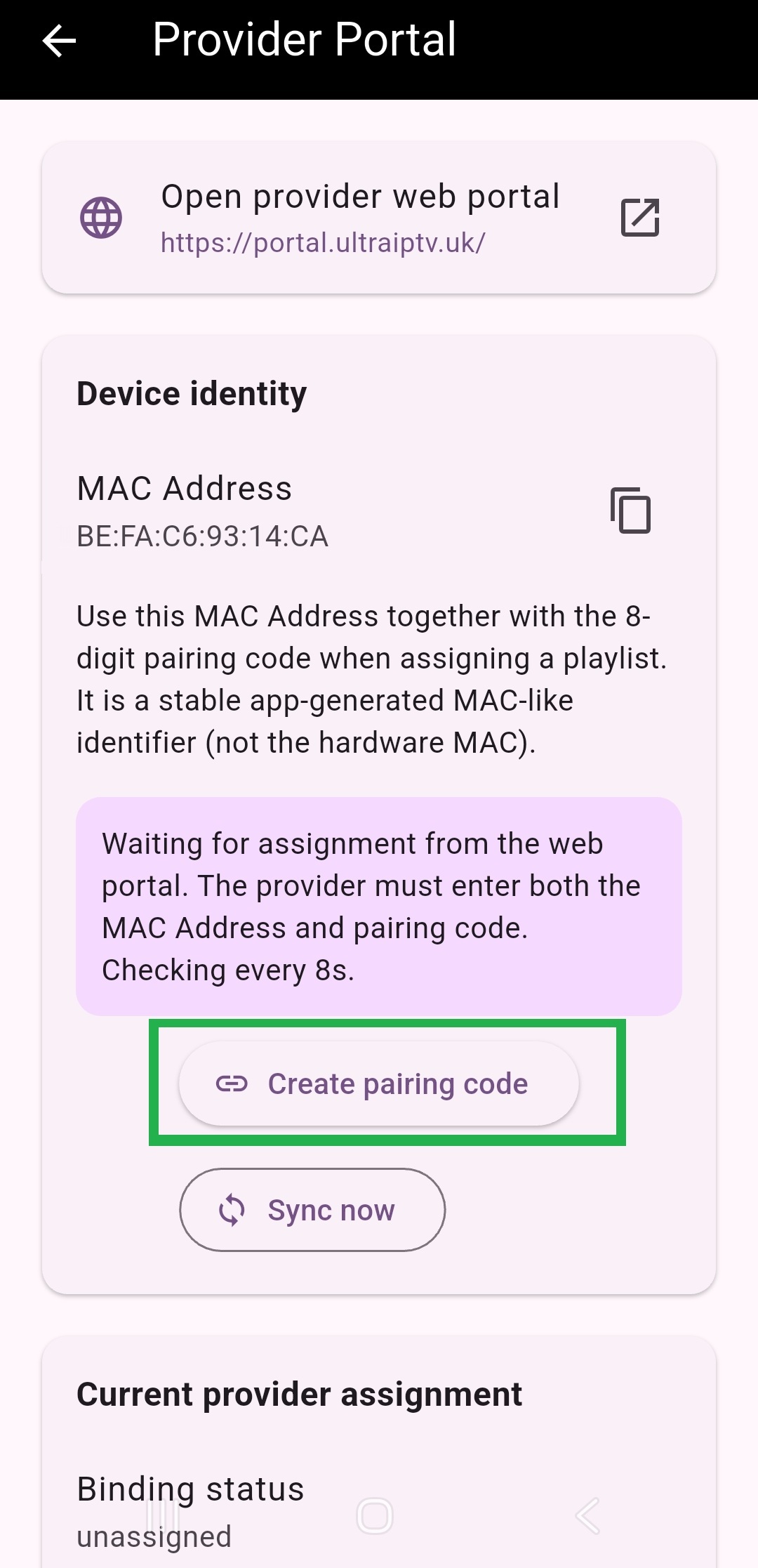 Provider portal page with MAC Address and generate code button