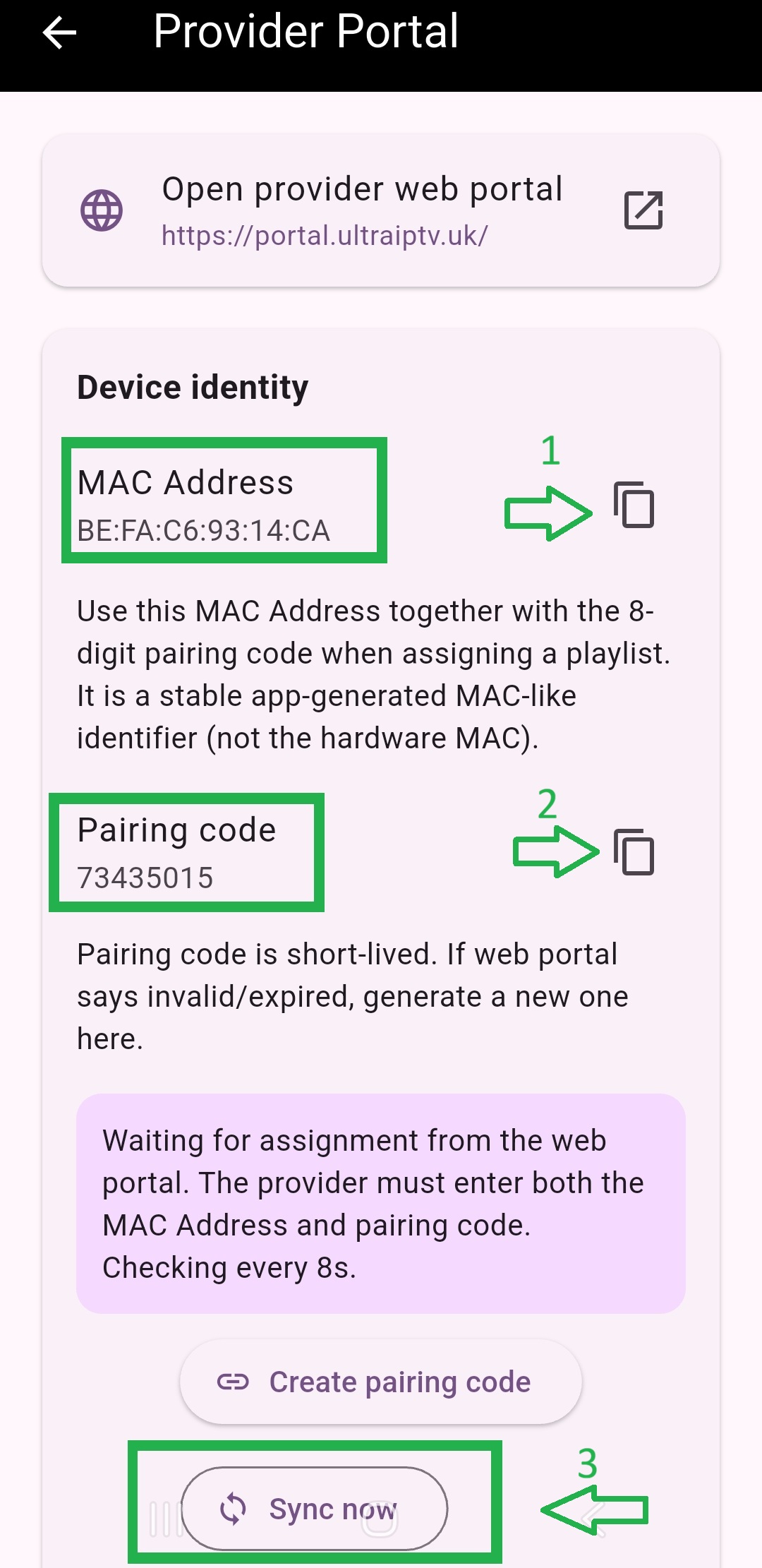Generated pairing code example ready to share with provider